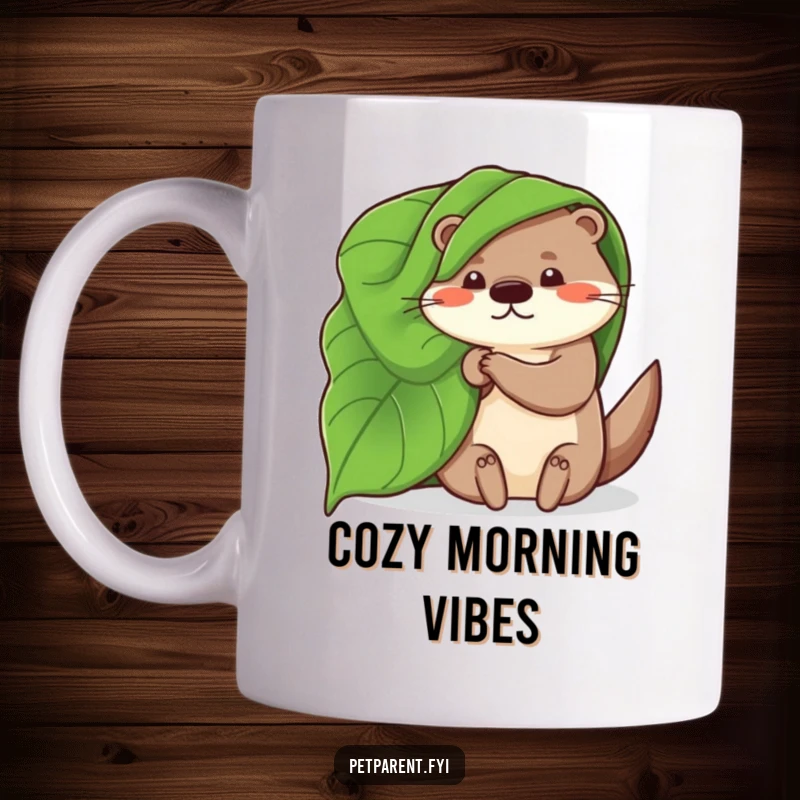 Funny mug showcasing a whimsical otter character snuggled cozily under a large green leaf acting as a makeshift blanket, looking content.