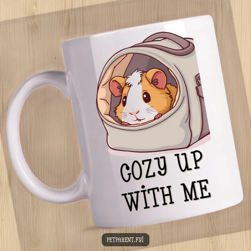 Funny mug with a content guinea pig peeking out of a cozy, fabric-lined carrier bag, conveying a sense of comfort and humor.