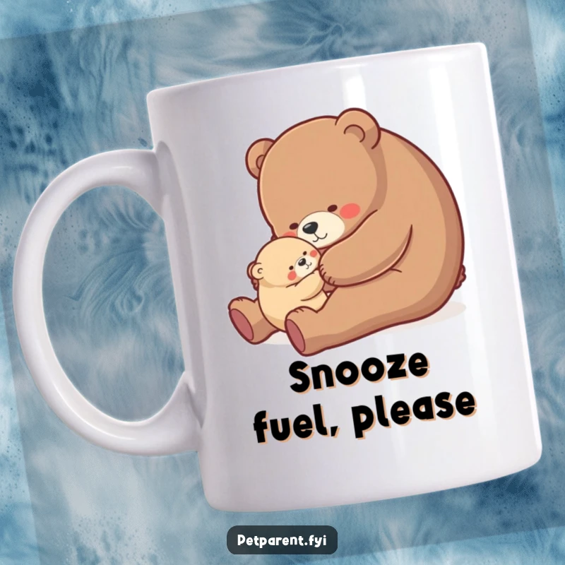 Funny bear hug mug, nurturing bear character gently rocking a small cub, expressing warm parental love and comfort.