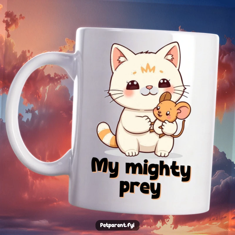 Funny mug featuring a proud cat character tenderly holding a small toy mouse, embodying successful hunting joy.