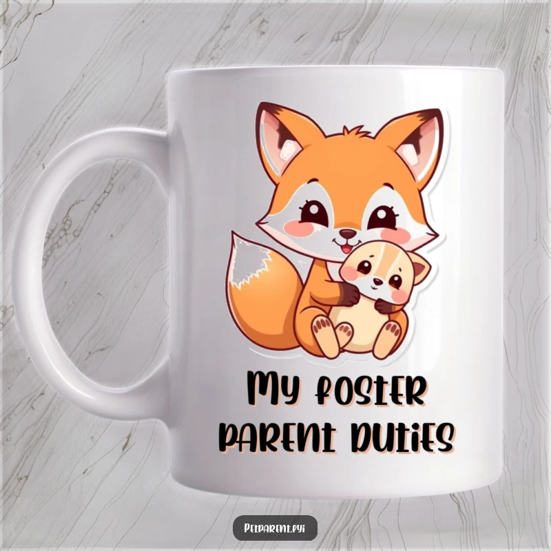 Funny mug showing a happy fox gently cradling a small, cute puppy in its paws, radiating warmth and affection.