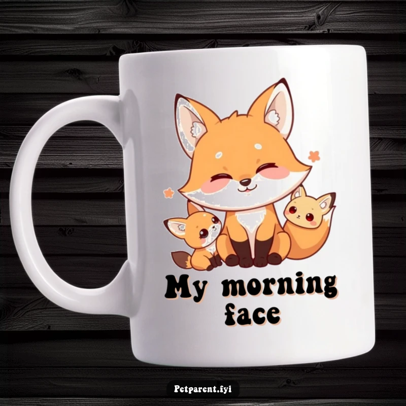 Funny mug featuring a playful fox character making a variety of silly faces at a tiny, amused companion, perfect for coffee lovers.