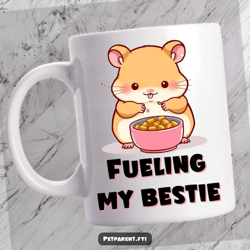 Funny mug showing a diligent hamster character carefully preparing a tiny food bowl for a small, appreciative companion.