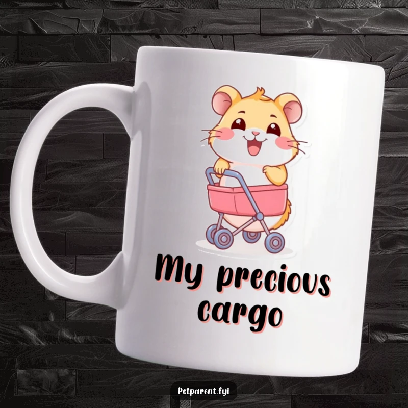 Funny Hamster Mug: A joyful hamster pushes a miniature stroller. Humorous gift for parents and pet owners.