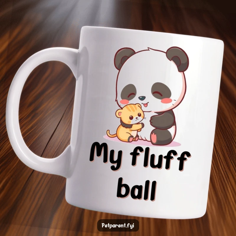 Funny mug showing a content panda character gently petting a small, fluffy kitten, radiating warmth and tenderness.