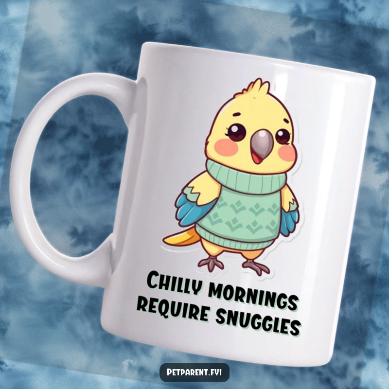 Funny parrot mug with a cute character wearing a knitted sweater, looking stylish and playful. A perfect humorous gift idea.