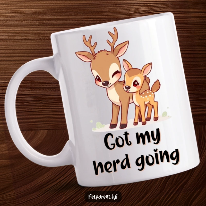 Funny deer mug showing a mother deer nudging her fawn forward, representing gentle guidance and familial affection in a heartwarming scene.