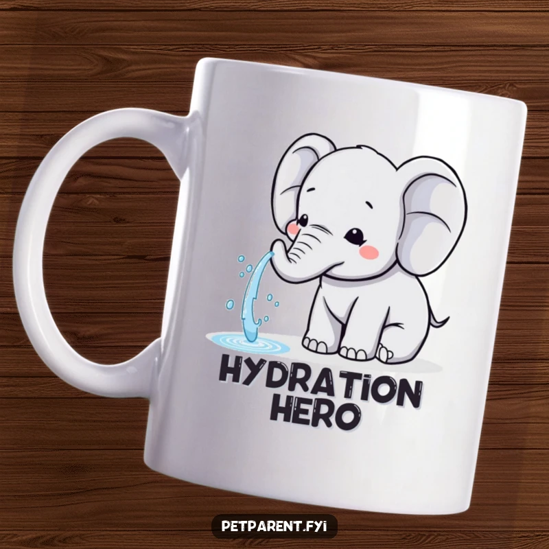 Funny Kawaii Elephant Mug: A cute elephant character gently spraying water from its trunk to help a friend, showing kindness.