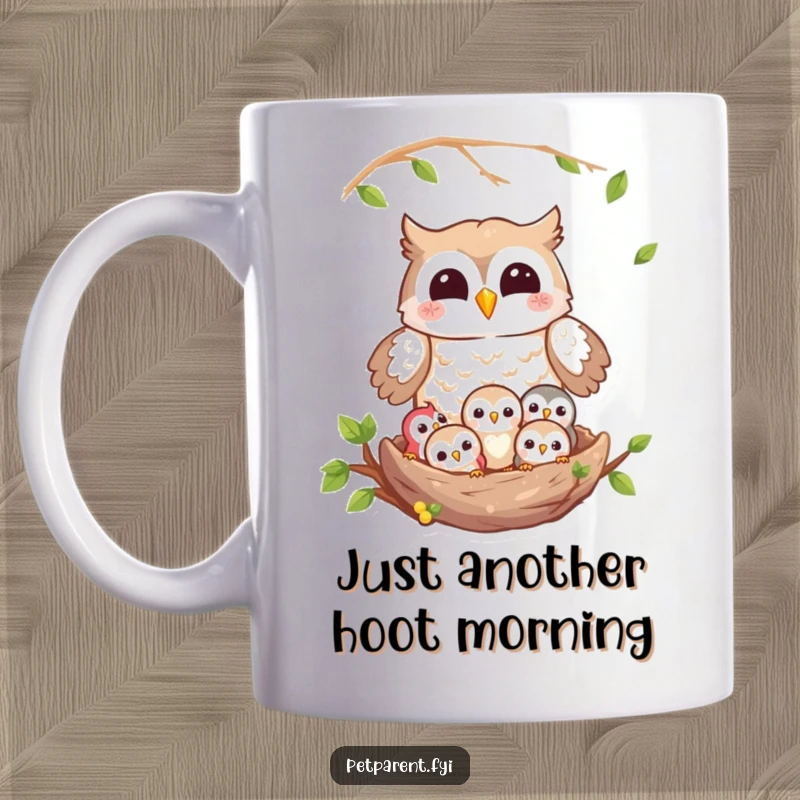 Funny owl mug showcasing a happy owl perched above a cozy nest filled with cute owlets, emphasizing family love and joy.