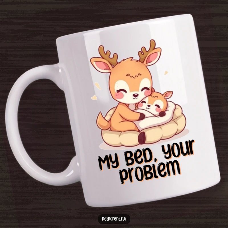 Funny mug featuring a gentle deer character offering a plush bed to another, showcasing kindness and humor.