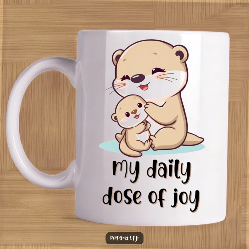 Funny Otter Mug featuring a delighted mother otter playing tenderly with a shy, adorable baby otter, showcasing pure animal joy and family.