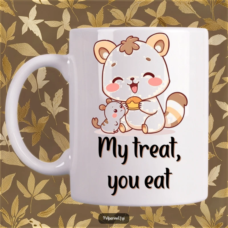 Funny happy animal character offering a delicious food item to its small, grateful friend on a ceramic mug.