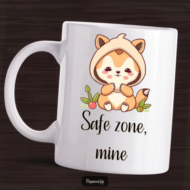 Funny protective animal character shielding a smaller, vulnerable creature, on a ceramic mug.