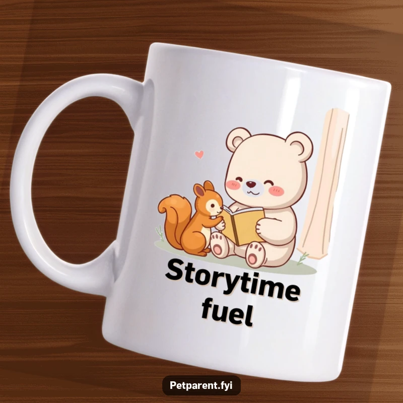 Funny mug showing a happy bear character reading a small book to an attentive squirrel, symbolizing friendship and stories.