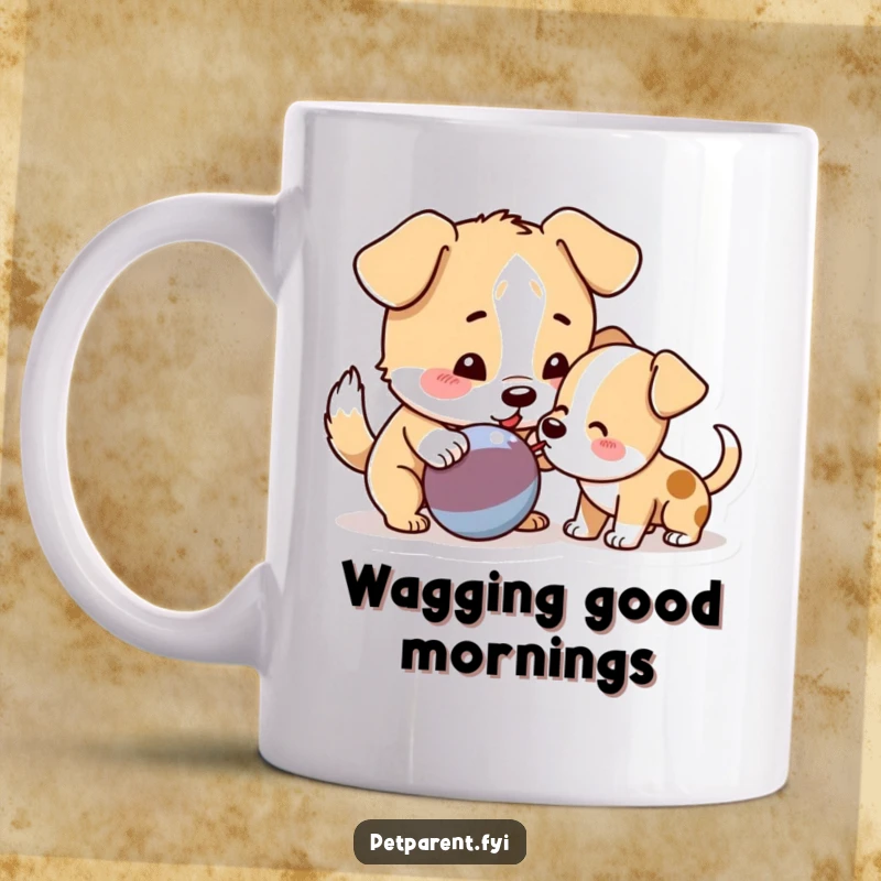 Funny Dog Mug featuring a playful dog nudging a squeaky toy towards an eager puppy, capturing adorable interspecies friendship.