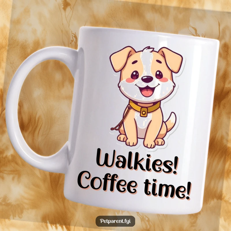 Funny Dog Mug: A happy dog wearing a tiny leash and collar is excited for a walk. A humorous gift.