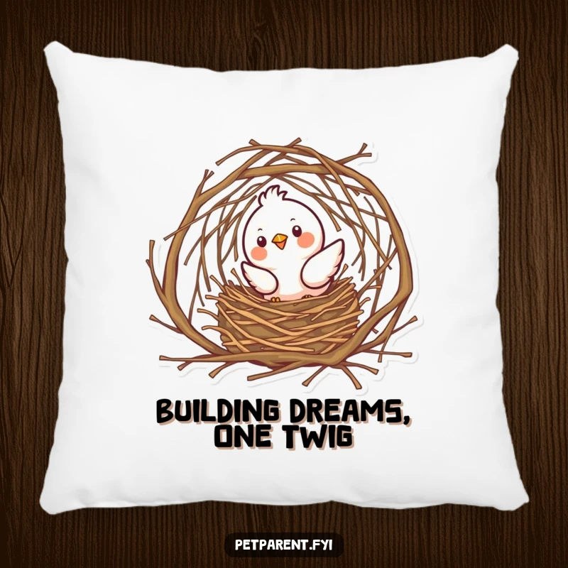 Funny bird character building a twig nest, designed for comfort on a soft decorative pillow.