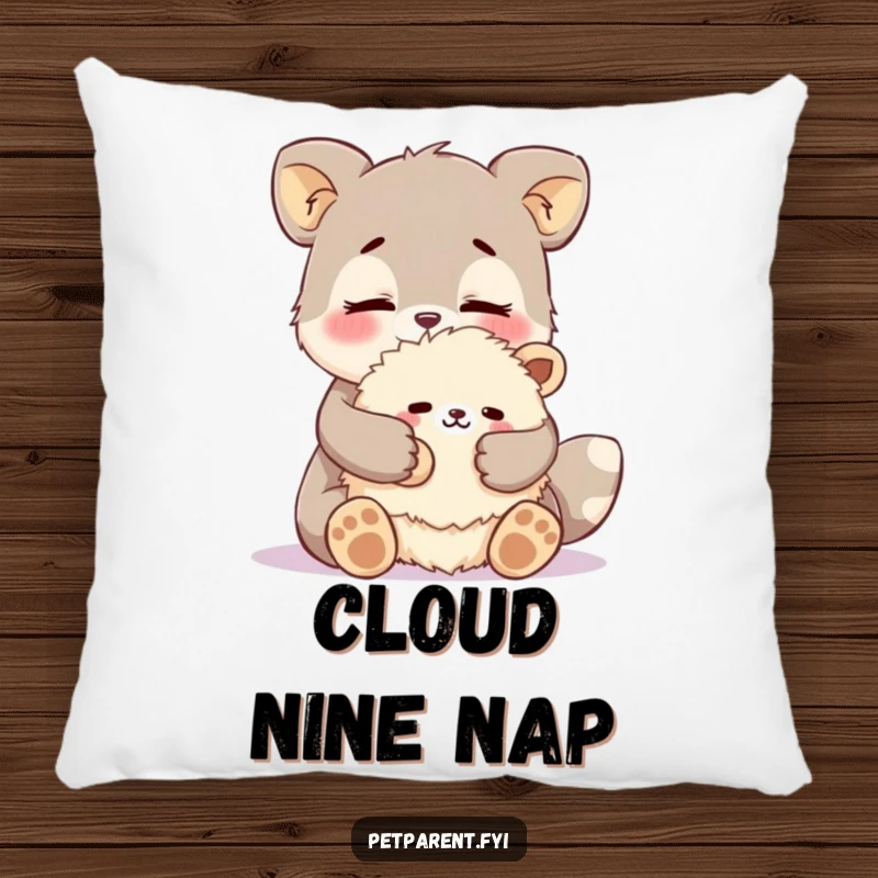 Funny affectionate animal pillow with a character cuddling a fluffy stuffed animal. Humorous and comfortable gift.