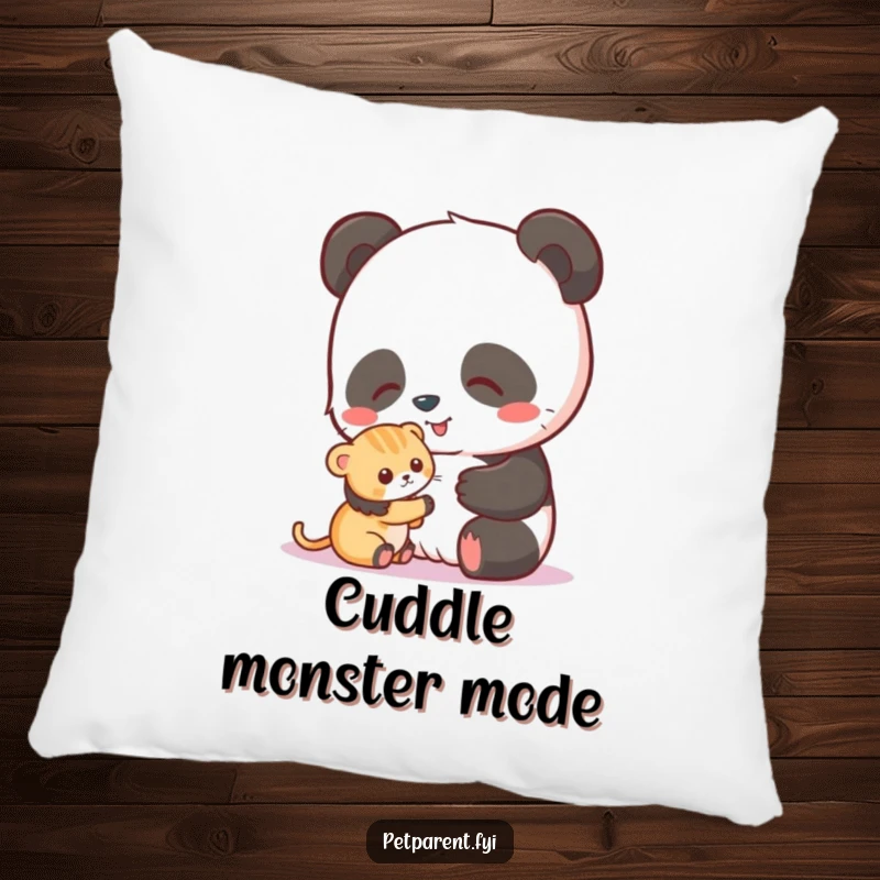 Funny pillow with a charming illustration of a happy panda petting a small, endearing kitten, perfect for comfort.