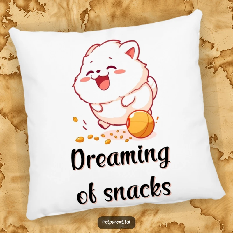 Funny pillow: a fluffy creature gleefully chasing a rolling food pellet with an expression of ultimate joy.