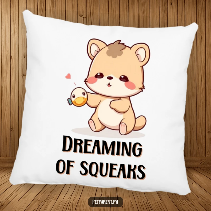 Funny playful animal pillow with a character tossing a tiny squeaky toy. Humorous and comfortable gift.