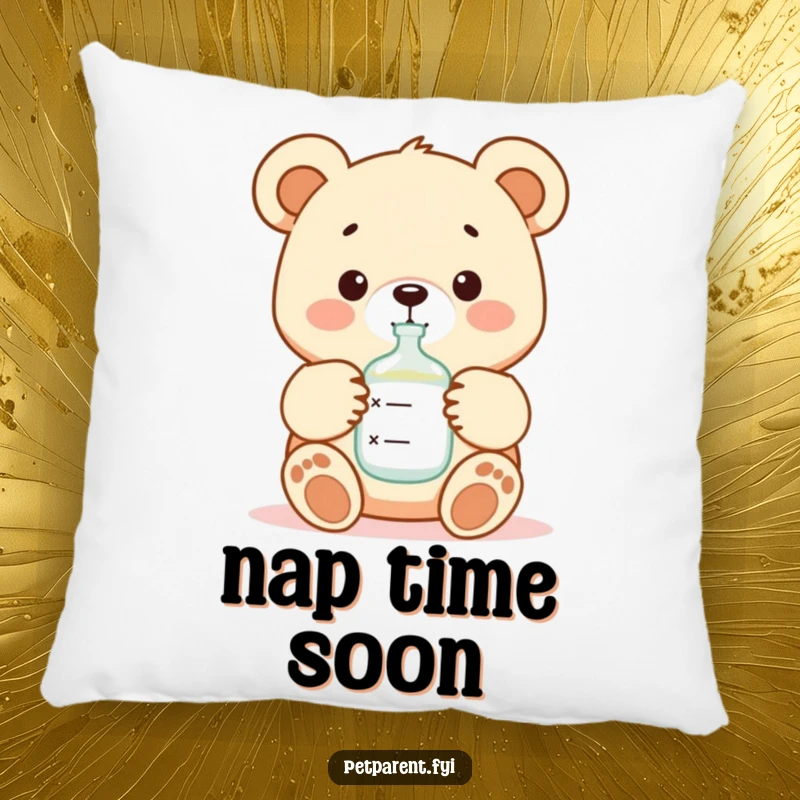 Cozy and funny accent pillow featuring a nurturing bear character feeding a baby with a bottle, perfect for nurseries.