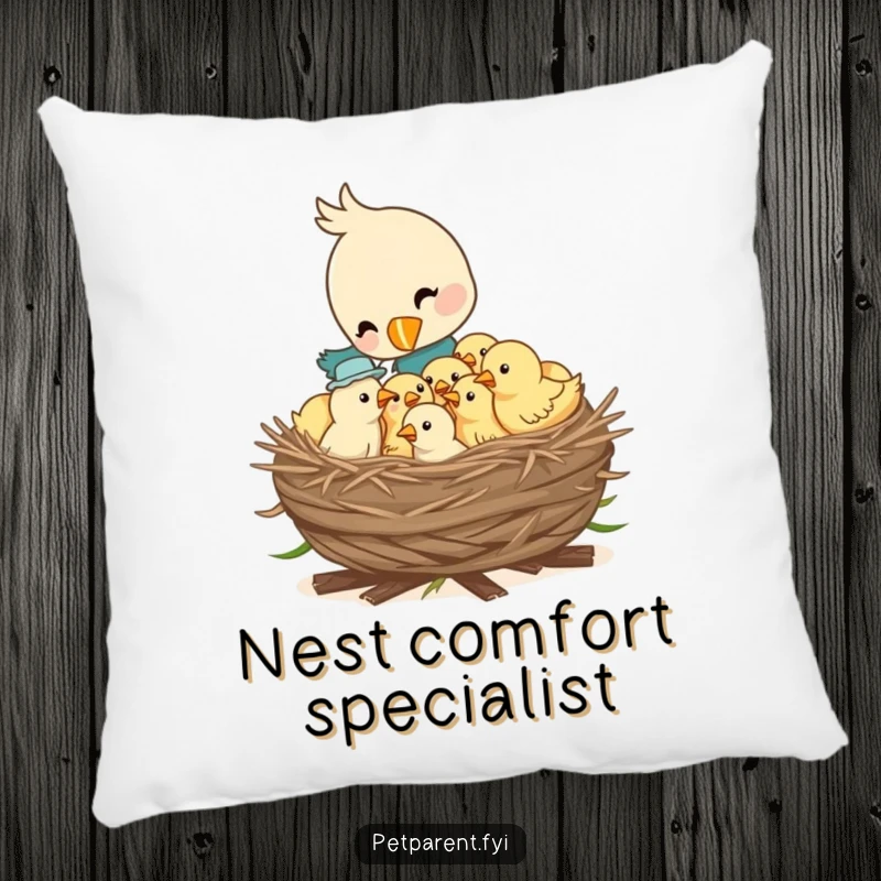 Funny throw pillow showing a bird character feeding a nest full of hungry chicks, perfect for adding comfort and a touch of nature.