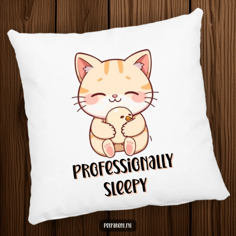 Funny Pillow: A heartwarming depiction of a cat gently cradling a tiny, sleepy bird, adding soft humor to any room.