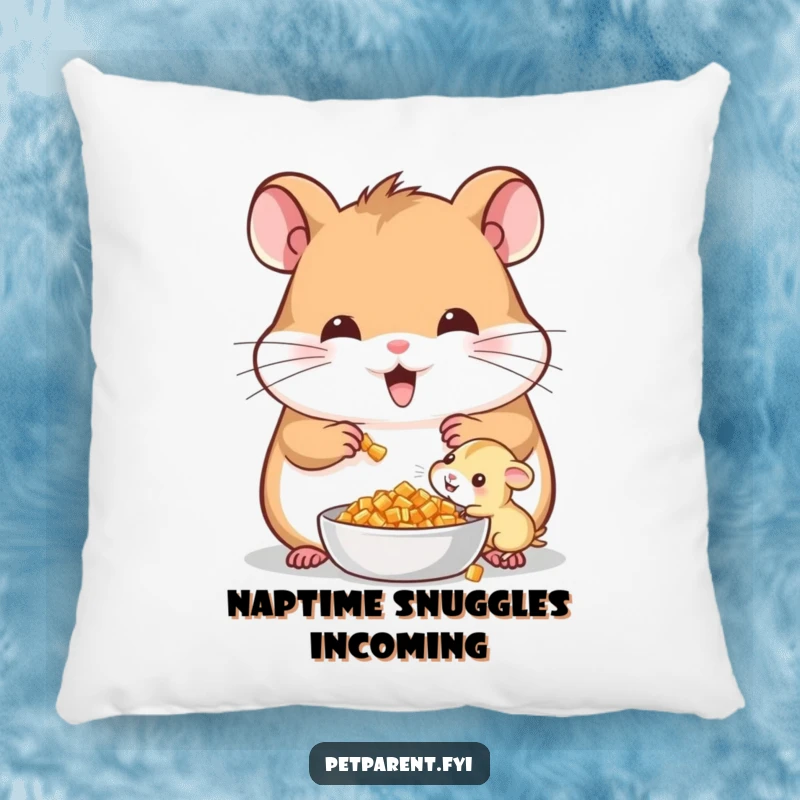 Funny Cheerful Hamster Pillow: A cheerful hamster shares food with its offspring, offering comfort and humor.