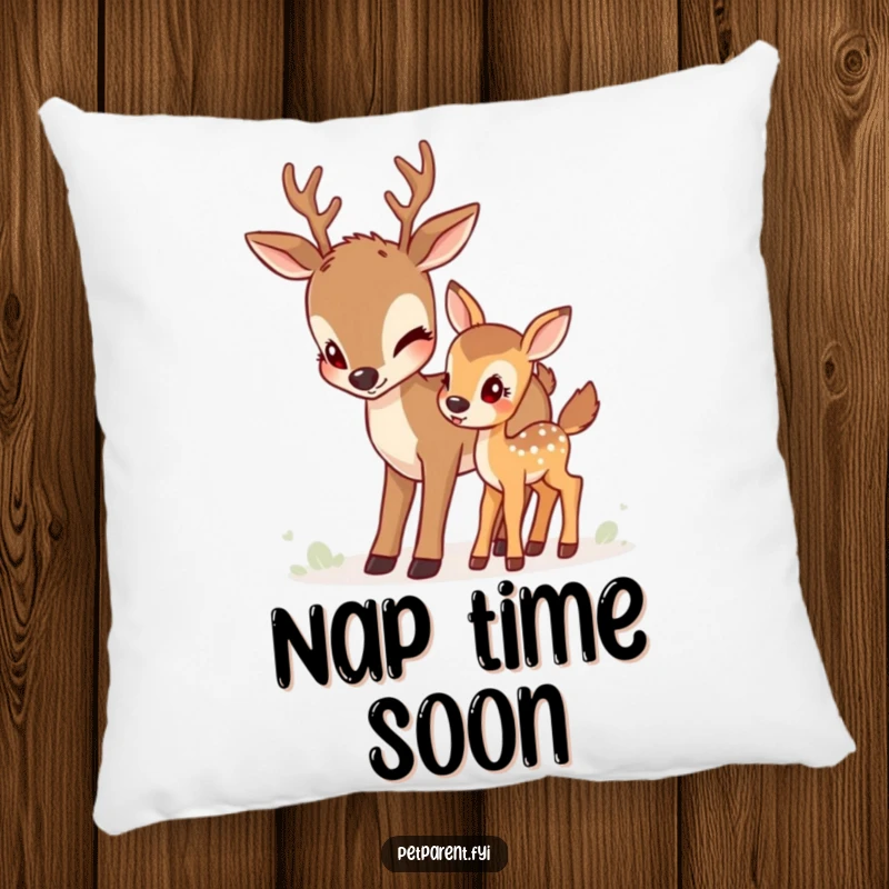 Funny deer pillow with a devoted deer nudging her fawn, offering comfort and a symbol of encouragement and maternal care.