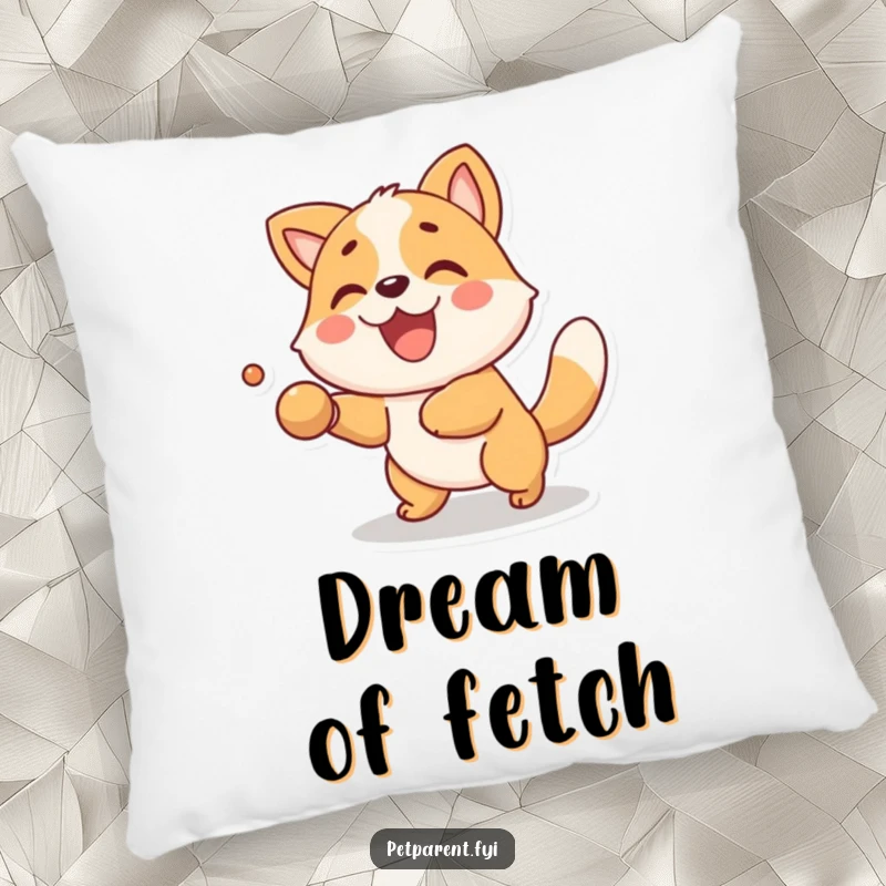 Funny Pillow with a delighted animal character playing fetch. A cozy and funny gift for pet lovers to add some fun to their room.