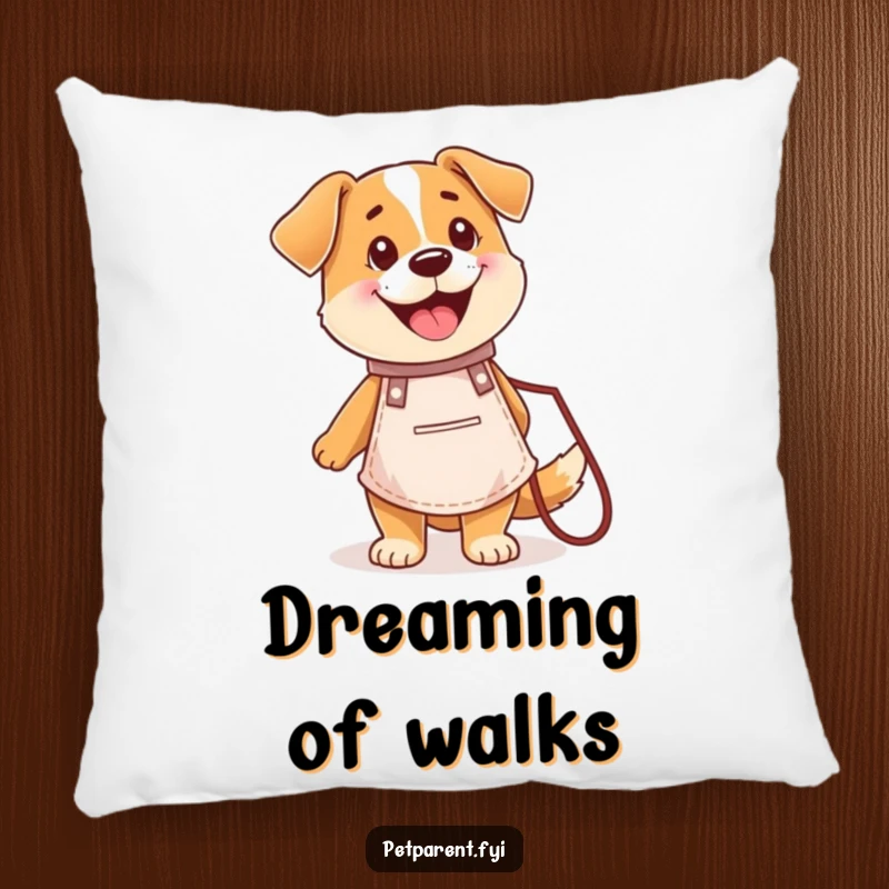 Funny pillow featuring a happy dog character in a chef apron holding a leash, offering comfort and cheer.