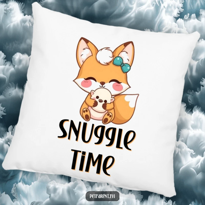 Funny Kawaii Fox Pillow: A fluffy pillow featuring a Kawaii fox character holding a beloved fluffy toy, perfect for cozying up.