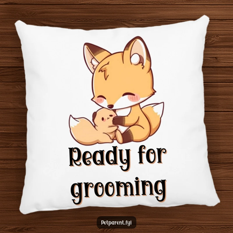 Funny Nurturing Fox Pillow: A nurturing fox gently grooms a small creature, offering comfort and humor.