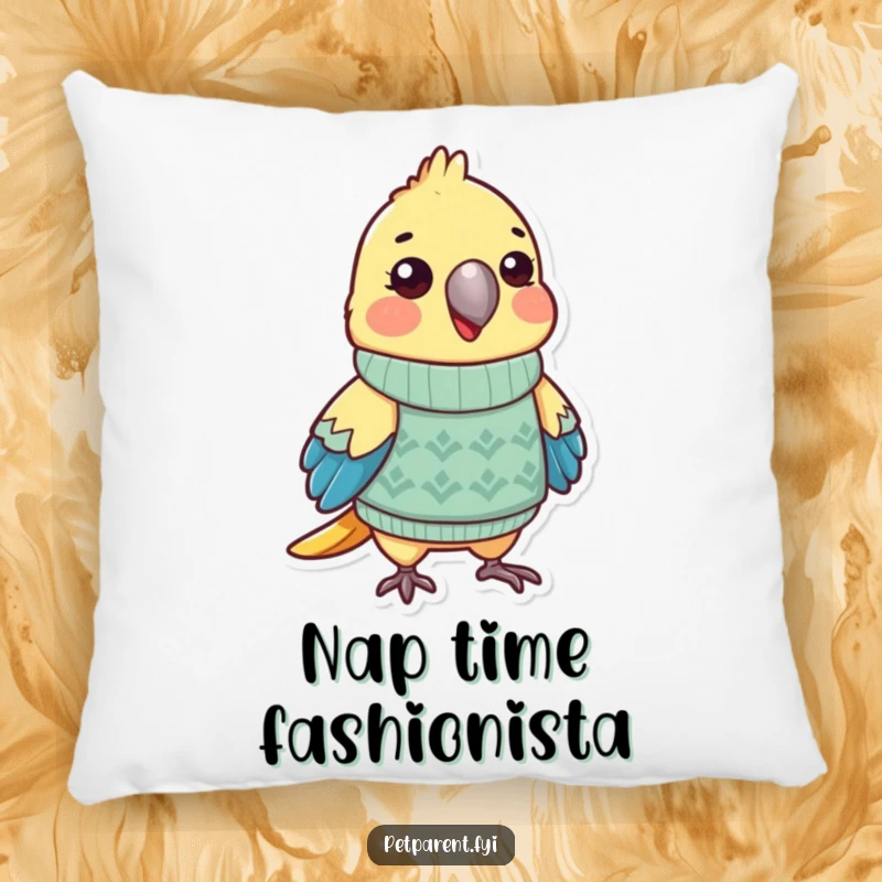 Funny parrot pillow with a cute character in a miniature sweater, offering soft comfort and humorous appeal. A fantastic funny gift.