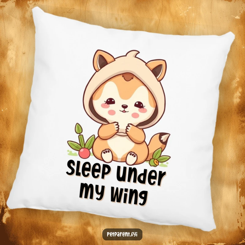 Funny protective animal character shielding a smaller animal, depicted on a soft, decorative pillow.