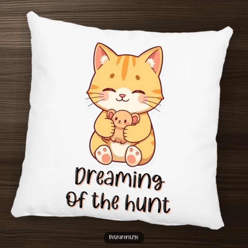 Funny Proud Cat Pillow: A proud cat character holds a toy mouse, offering comfort and humor to cat lovers.