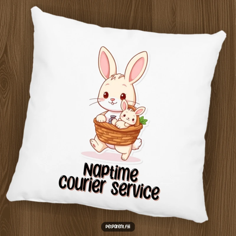 Funny throw pillow showing a rabbit character carrying a baby bunny in a basket, perfect for adding comfort and sweetness.