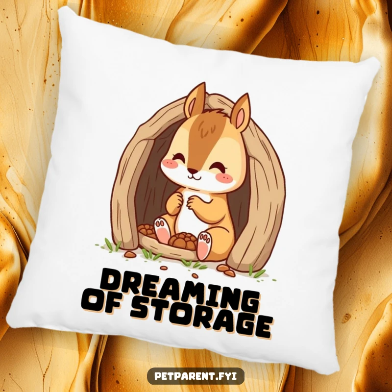 Cozy and funny accent pillow featuring a dedicated squirrel character building a tiny den, perfect for adding comfort.