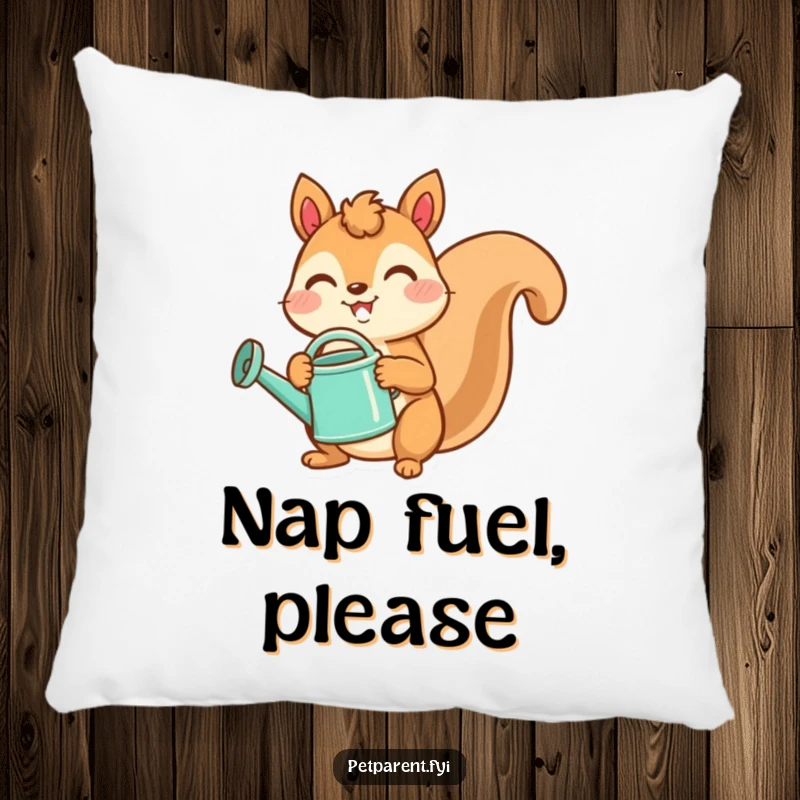 Funny pillow featuring a joyful squirrel with a watering can, adding a touch of garden charm to any room.