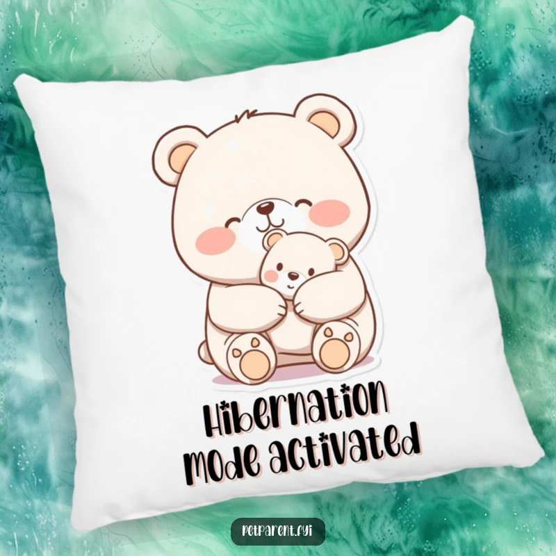 Funny Pillow: A cheerful bear is depicted nuzzling a tiny teddy bear, offering comfort and soft humor.