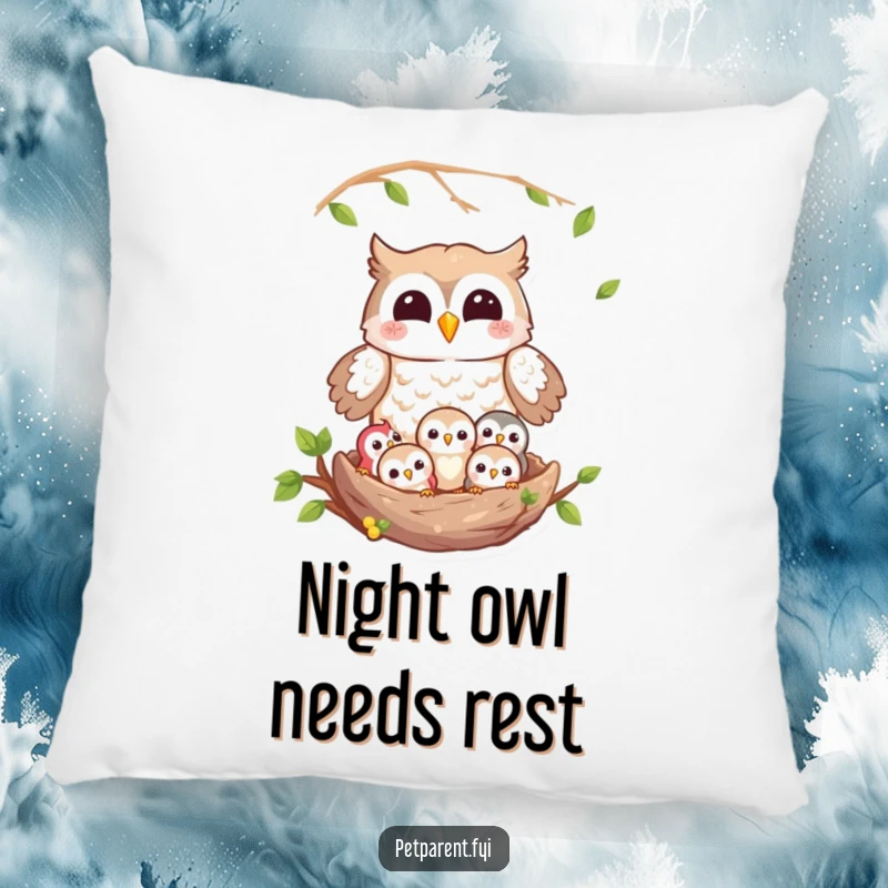 Funny owl pillow with a cheerful owl character protecting a nest brimming with tiny, sleepy owlets, offering comfort and humor.