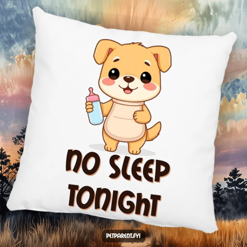 Funny pillow featuring a happy dog in an apron with a baby bottle, offering humorous comfort and charm.
