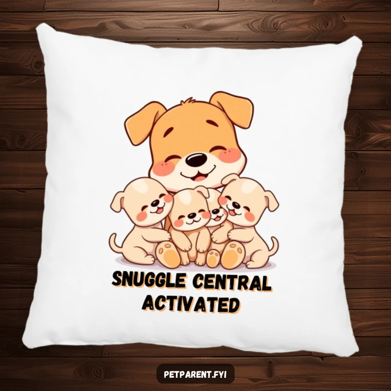 Funny throw pillow featuring a dog character embracing three tiny puppies with a loving expression, perfect for adding warmth to any room.
