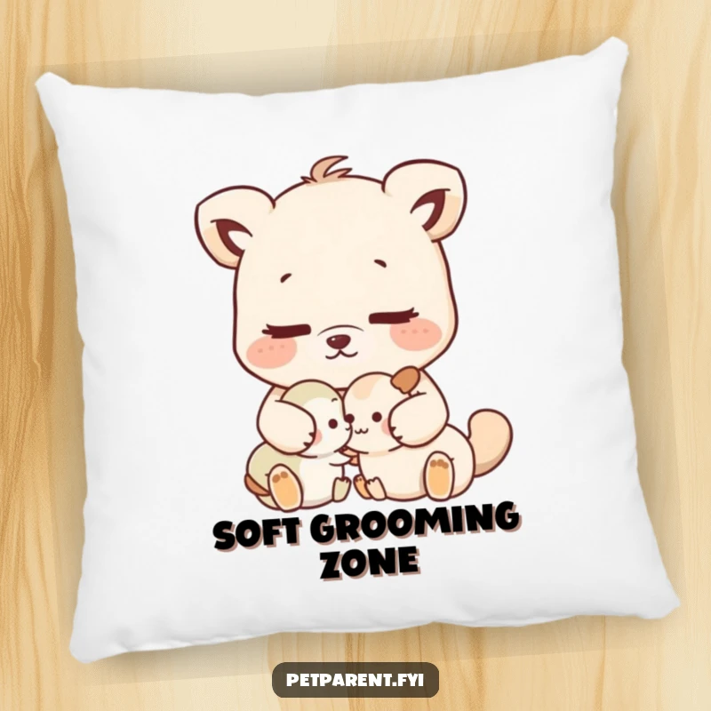 Funny nurturing animal character gently grooming a smaller animal, depicted on a soft, decorative pillow.