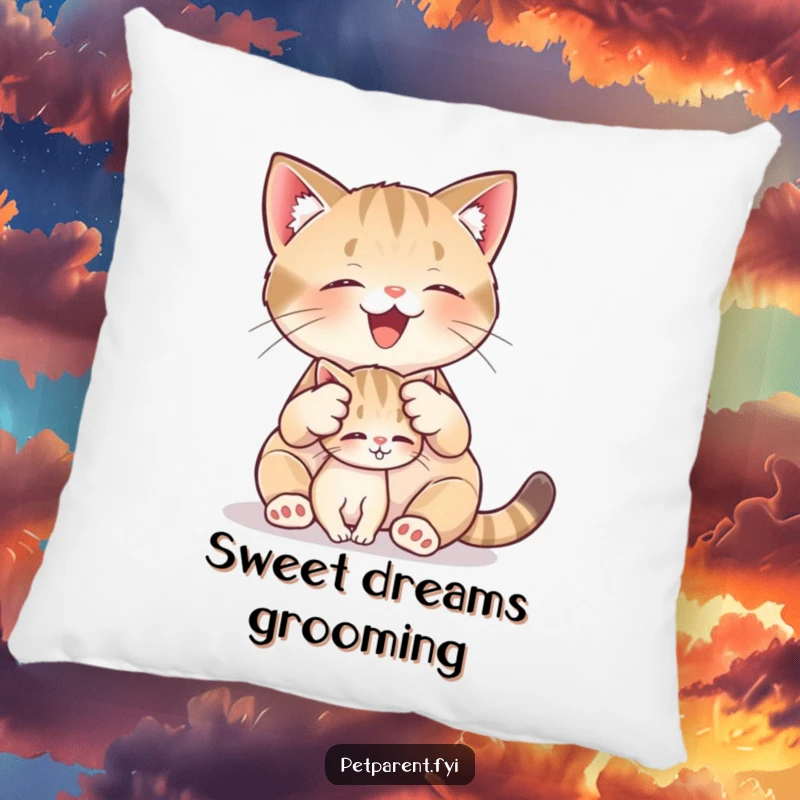 Funny throw pillow showing a cat character gently grooming a very small kitten, perfect for adding a touch of feline sweetness.