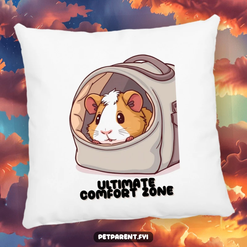 Funny pillow displaying a content guinea pig peeking from a cozy carrier bag, offering a humorous and cozy pet-themed touch.