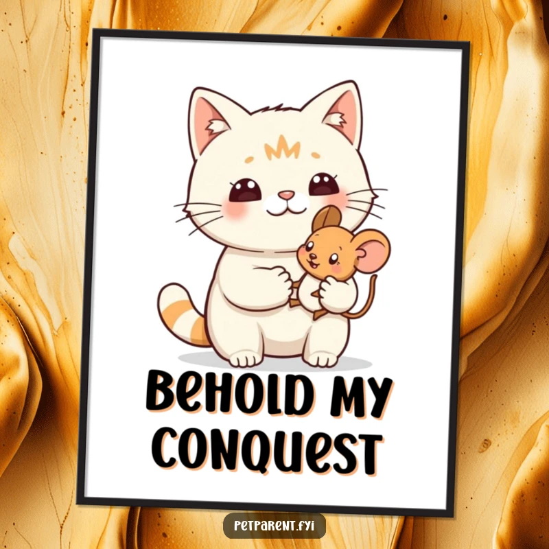 Funny digital art print of a proud cat character holding a tiny toy mouse, conveying humorous feline triumph for walls.