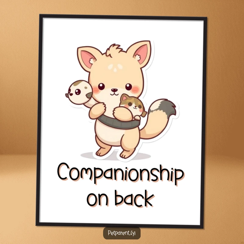 Funny playful animal character carrying a pet on its back, as a downloadable digital art print.