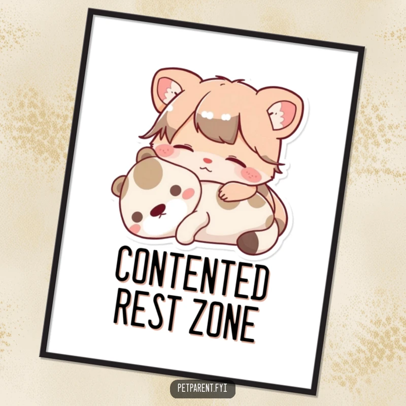 Funny Digital Art Print of a contented animal character resting peacefully with a pet. A beautiful and funny gift you can download instantly.